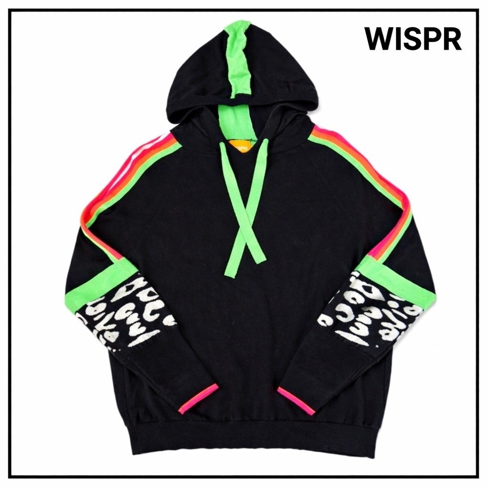 WISPR Neon Leopard Stripe Knit Hoodie Sweater Women M Black Silk Blend Retro Y2K